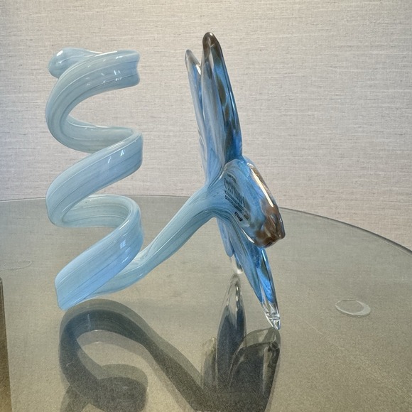 Vintage Hand-blown Murano Art Glass Flower W/Curled Stem Blue Clear Glitter - Picture 3 of 6